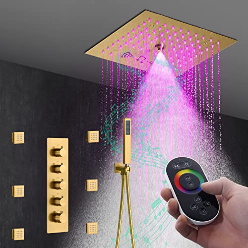 Cascada Luxury 12” Music LED shower system with built-in Bluetooth Speakers, 4 funciones (Cascada, Niebla, Jets de cuerpo y Duchador de mano) y Control Remoto 64 luces LED (Negro Mate) miniatura 5