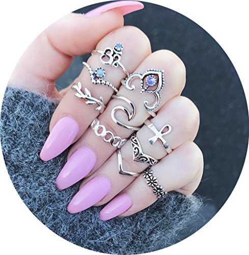 10 Pieces Vintage Crystal Hollow Carved Ring Set Flower Mid Ring