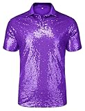 URRU Men's Relaxed Short Sleeve Turndown Sparkle Sequins Polo 70s Disco Nightclub Party Shirts Tops Purple S
