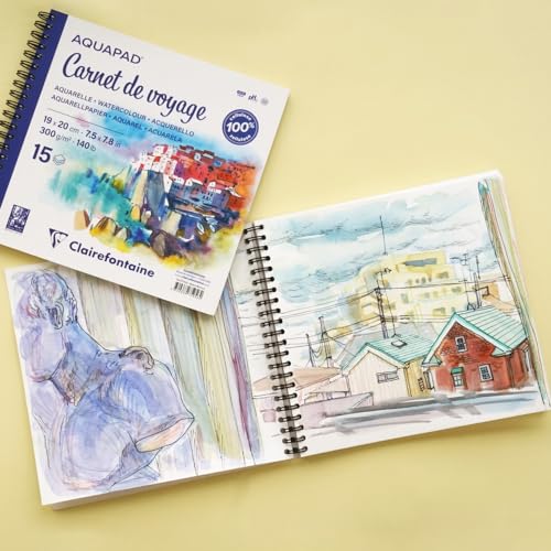 Clairefontaine 975956C, Aquapad Spiral-bound Travel Journal, 15 Sheets of Medium-Grain White Watercolour Paper 19x20 cm 300g - Image 2