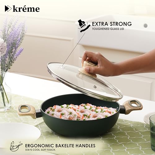 Image of Kreme Venetia Premium Granite Non-Stick 4 Pc Cookware Set | 24cm /2.5L Kadai with Lid 24cm /1.4L Frypan, 28cm Dosa Tawa | Granite Coating | Induction & Gas Stove Use | Healthy Low-Oil Cooking, Green