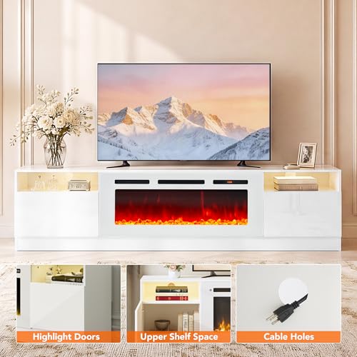 Image of MXV 90 inch Fireplace TV Stand for TVs Up to 100 inch, LED Light Entertainment Center with 50 inch Electric Fireplace, Modern Wood Texture TV Media Console with Highlight Storage Cabinet, White+White