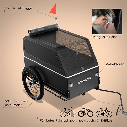 Trevopet® Hundeanhänger für Fahrrad XL – Faltbarer Hundefahrradanhänger mit Rampe, Federung & Kupplung – Fahrradanhänger Hunde bis 45 kg – Wasserdicht – Kompatibel mit E-Bikes – Shwarz