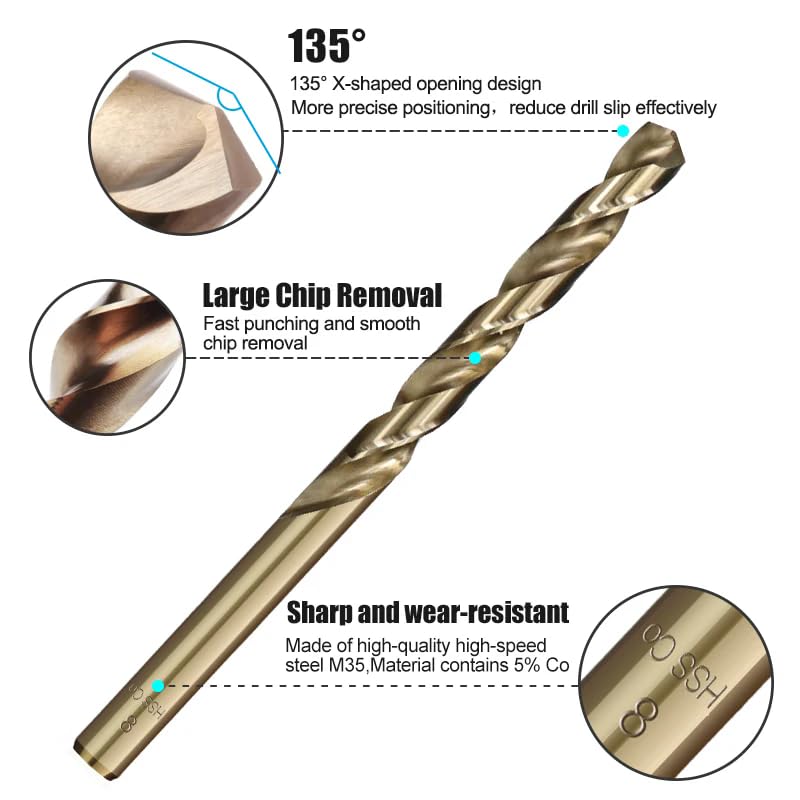 10pc 1.0-13mm Cobalt Coated Twist Drill Bit Set HSS M35 Drill Bit for Wood/Metal Hole Cutter,13.0mm
