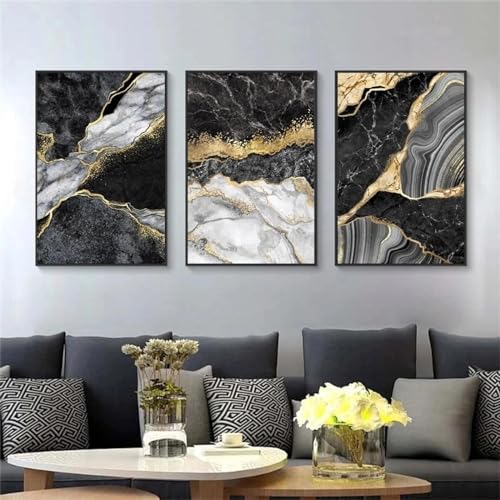 Mosaïque de marbre avec veines dorées triptyque haut de gamme sur toile avec cadre