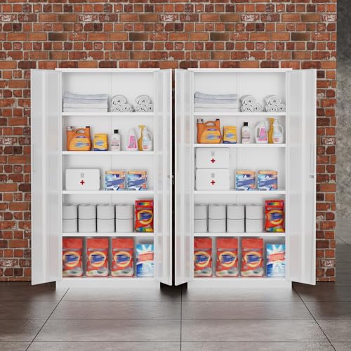 Image of Greenvelly Metal Storage Cabinet, 72 inch Locking Metal Garage Storage Cabinet with Doors and 4 Adjustable Shelves, White Lockable Steel Cabinet for Home Office, Garage, Shop, School (32 inch W x 16 inch D)