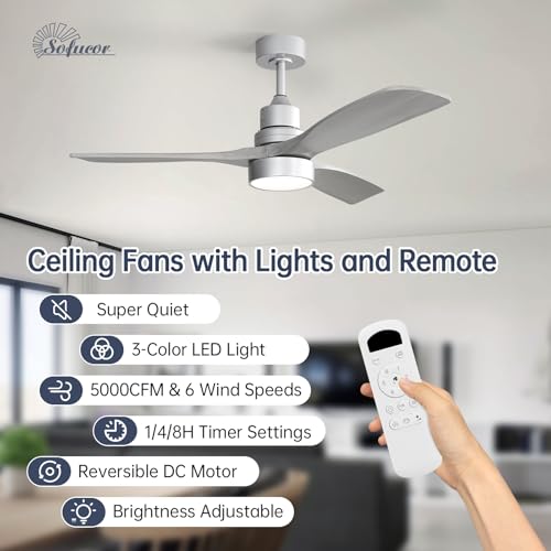 Image of Sofucor 52 Inch Wood Ceiling Fan with Light and Remote for Indoor Outdoor