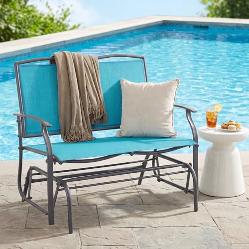 Image of Giantex Outdoor Glider Bench, Patio Glider Bench for Outside, Steel Frame, 400 Lbs Capacity, Ergonomic Swing Rocking Chair Loveseat, 2-Person Porch Swing Rocker for Backyard, Lawn, Balcony, Turquoise