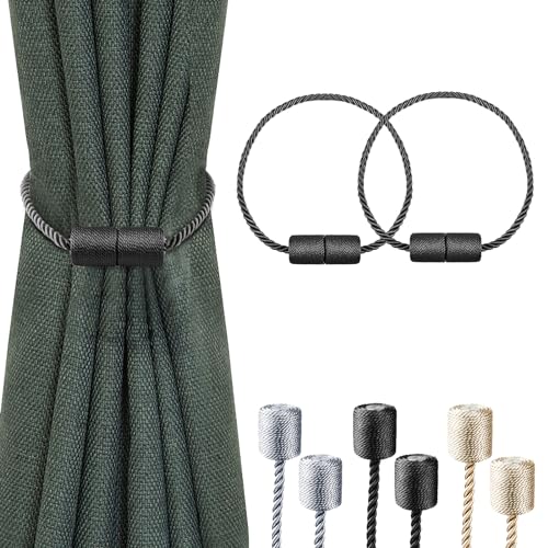 Milaloko 2 Paquetes de Tirantes de Cortinas Magnéticas Potentes con Tirantes Decorativos de Cuerda Retorcida Más Gruesos, Negros