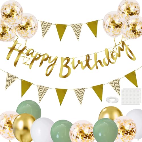 Geburtstag Dekoration Set, Grün Gold Luftballons Geburtstagsdeko, Party Deko Geburtstag Set mit Happy Birthday Banner Girlande Luftballons Konfetti Ballons Dreiecksflaggen für Birthday Party Supplies