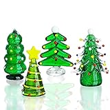 HDCRYSTALGIFTS Set 4 Blown Glass Christmas Tree Figurine Collectible Art Glass Statue Holiday Decoration Sculpture Festival Gifts Home Arts