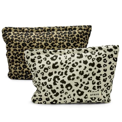 VOSSOT 2PCS Neceseres Mujer Maquillaje Leopardata con Cremallera de Maquillaje Lona, Neceser Viaje Mujer, Estuche Bag Impermeable, Regalo para Mujeres y Chicas, Marrón, Beige
