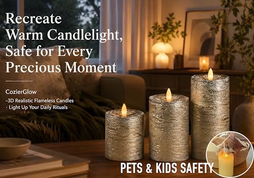Image of Shiny Metallic Silver Flameless Pillar Candles, Patented 3D Realistic Moving Flickering Flame with Remote Timer, Battery Operated 400hrs for Wedding, Holiday, Party, Decor, Gift(Set of 3)