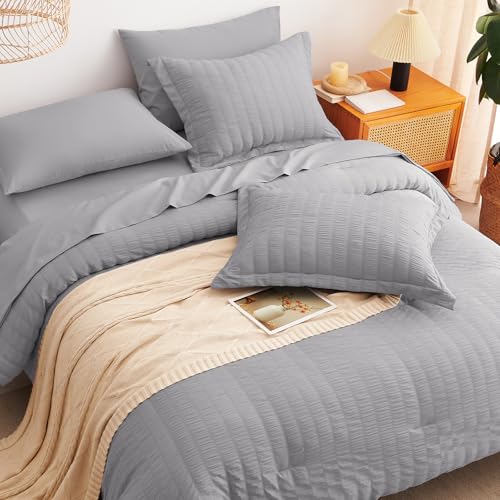 Image of CozyLux Oversized King Comforter Set with Sheets, 7 Pieces 120 inchx98 inch Grey Seersucker Bed in a Bag, Gray Luxury Soft Bedding Sets with Down Alternative Comforter, Sheets, Pillowcases & Shams All Seasons
