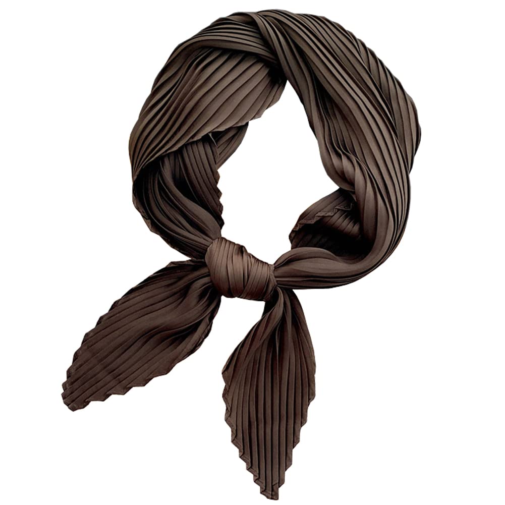 PengFaXin Women Silk Like Solid Square Scarf Satin Neckerchief Pleated Headscarf (#11 Brown)