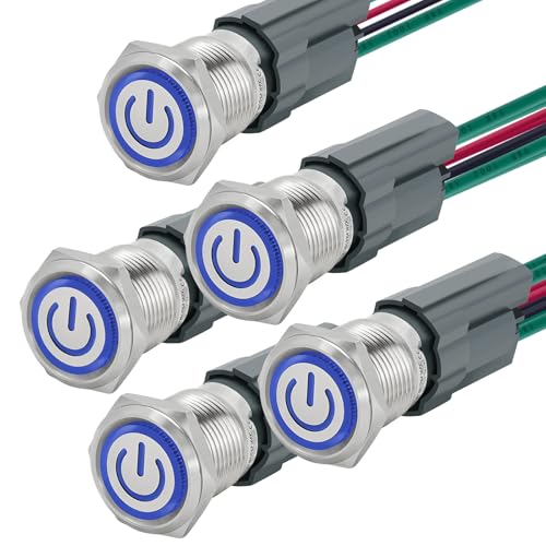 Image of UL Listed 15Amp 16mm Latching Push Button Switch 12V-24VDC IP67 Waterproof; SPST 1NO, with LED Angel Eye Light; Stainless Steel 304 with Wire Socket Blue