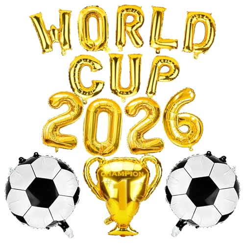 Soccer Balloons Set Party Decorations 15 PCS World Game Cup Letter Balloons Soccer Shaped Foil Balloons with 2026 Number and Champion Trophy Balloon for Soccer Sports Theme Game Day Party Decorations