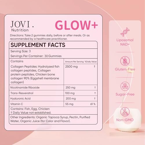 Image of JoviGLOW+ NAD+ & Collagen Gummies - Multi Type Hydrolyzed Collagen Peptides, Resveratrol, Hyaluronicacid, Vitaminc - Jovi Nutrition Glow NAD Supplements for Women - Skin, Hair, Nails, 90 Count (1)