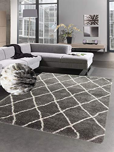 CARPETIA Shaggy Alfombra flokati Diamante de Pelo Largo Crema Gris Größe 80x150 cm