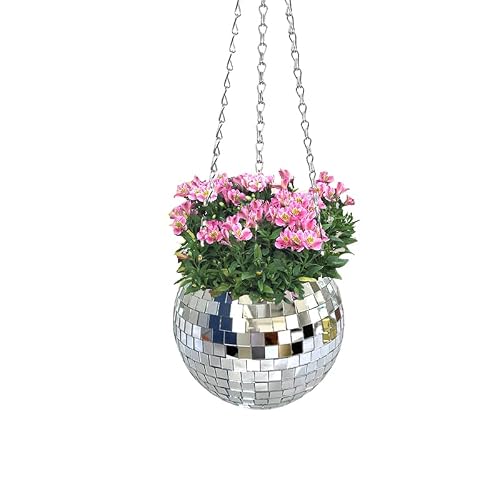 Disco Ball Planter,Disco Ball Plant Hanger,Mirror Disco Planter with Chain and Macrame Hanger,Boho Disco Ball Hanging Planter for Indoor Outdoor Plants,Home Decor (6inch, Silver)