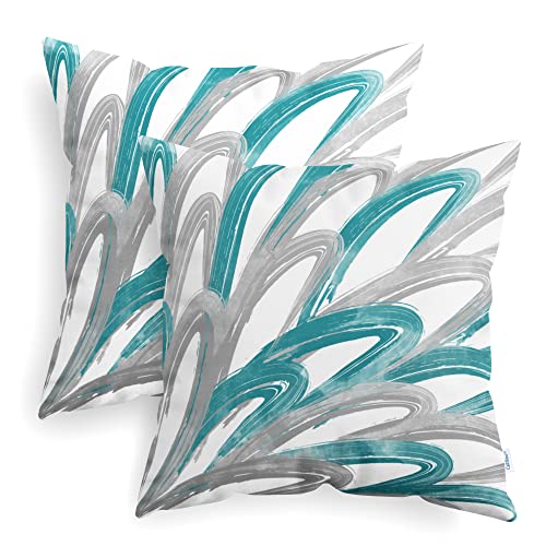 CaliTime Juego de 2 fundas de cojín decorativas de plumas abstractas de dos tonos para sofá, cama, sofá, decoración de granja de 18 x 18 pulgadas, color verde azulado Cover