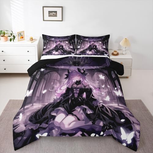 Image of Erosebridal 3D Girly Kids Comforter Set | Japanese Girl Bedding Queen Size Anime Gifts Down Comforter Purple Dreamy Butterfly Print Duvet Set for Bedroom