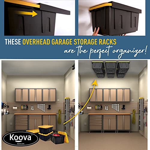 Image of Koova Heavy-Duty Overhead Garage Storage Rack for 6 Bins. Adjustable Width, 240lb Capacity. DIY Safe Mount, Easy Install. Fits 27-Gallon Totes. USA Made Pro-Grade Steel. Space Saving Organizer