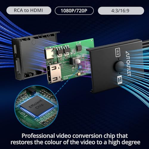 Image of AUTOUTLET RCA to HDMI Converter, AV to HDMI Adapter with 4:3 /16:9 Aspect Ratio Switch, Supports 1080P /720P, Includes 1.5ft HDMI Cable for Retro Game Consoles (PS1, PS2, Wii, N64, DVD, VHS, VCR)