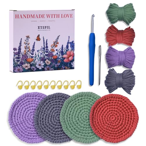 ETSPIL 4-Pack DIY Crochet Kit for Beginners - Circular Coaster Crochet Starter Set with, Yarn, Hooks & Tools for Adults & Teen