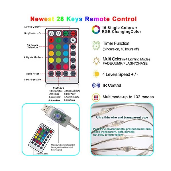 DreiWasser USB Lichtschlauch, 10M 100 LEDs RGB Lichterschlauch Lichterkette Fein Schlauch 8 Modi mit Fernbedienung… – Bild 4