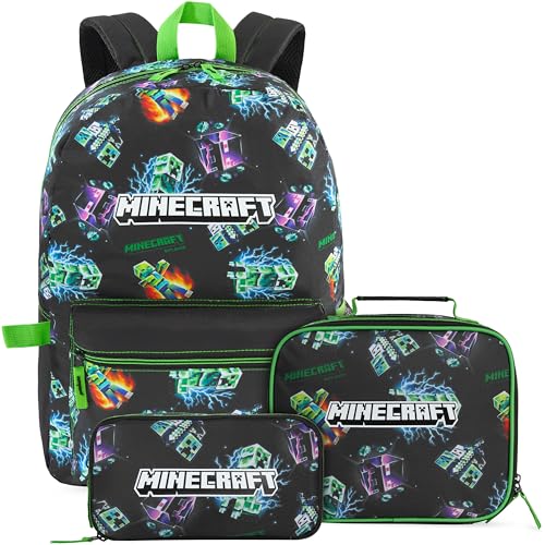 Get Trend Minecraft Mochila infantil Set, estojo escolar e lancheira isotérmica, mochila escolar completa, conjunto infantil para colégio, viagens e lazer, Multi Creeper, Conjunto de mochila de 3