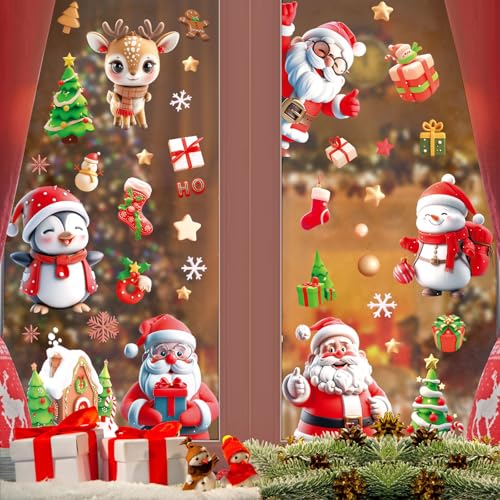 Image of AhfuLife Christmas Window Clings, 9 Sheets Xmas Window Stickers for Christmas Decorations, Reusable Double Sided Santa Claus Reindeer Snowman Penguins Clings for Xmas Decorations