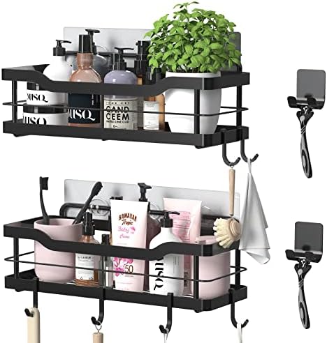 Carwiner Shower Caddy Bathroom Shelf 2-Pack, Basket with 8 Hooks for Hanging Shampoo Conditioner, Stainless Steel Rack Wall Mounted Storage Organizer for Kitchen, No Drilling (Black)