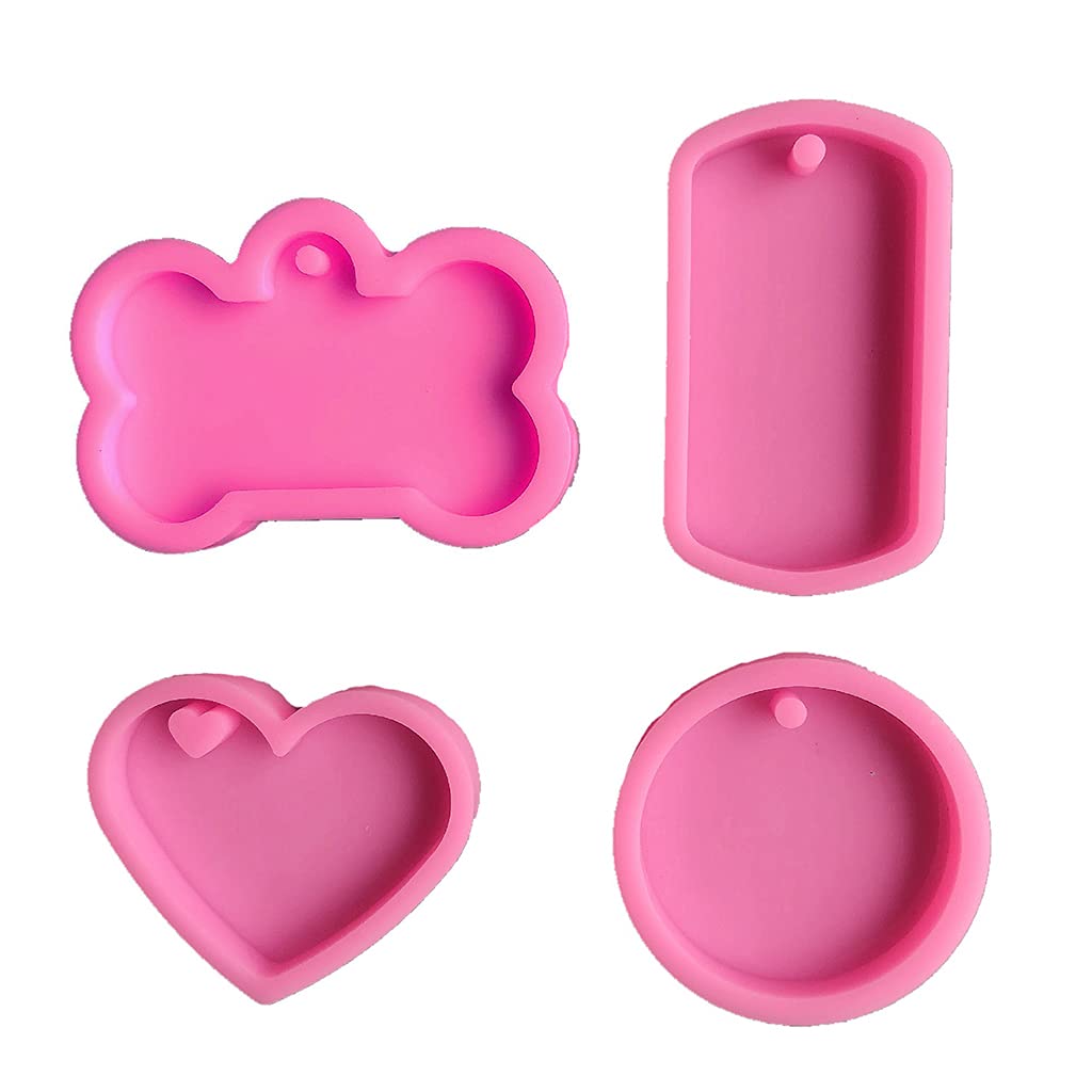 DUESI 4 Pcs Pet Hanging Tag Epoxy Resin Mold Dog Bones Love Heart Round Oval Keychain Silicone Mould DIY Crafts Jewelry Pendants Casting Tools
