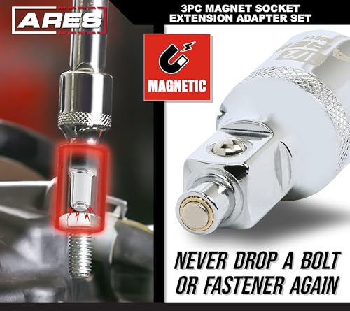 Image of ARES 36007-3-Piece Magnet Socket Extension Adapter Set - Adapters Feature Magnetic Tips for Use with Bolts - 1 /4-Inch, 3 /8-Inch, and 1 /2-Inch Drive