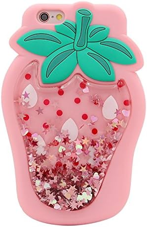 Squidgy Glitter Liquid Floating Stars Pink Strawberry Case for iPhone 6 6s Regular 3D Soft Silicone Rubber Ultra Thick Protective Cute Bling High Fashion Sparkling Unique Kids Women Teens Girls Gift