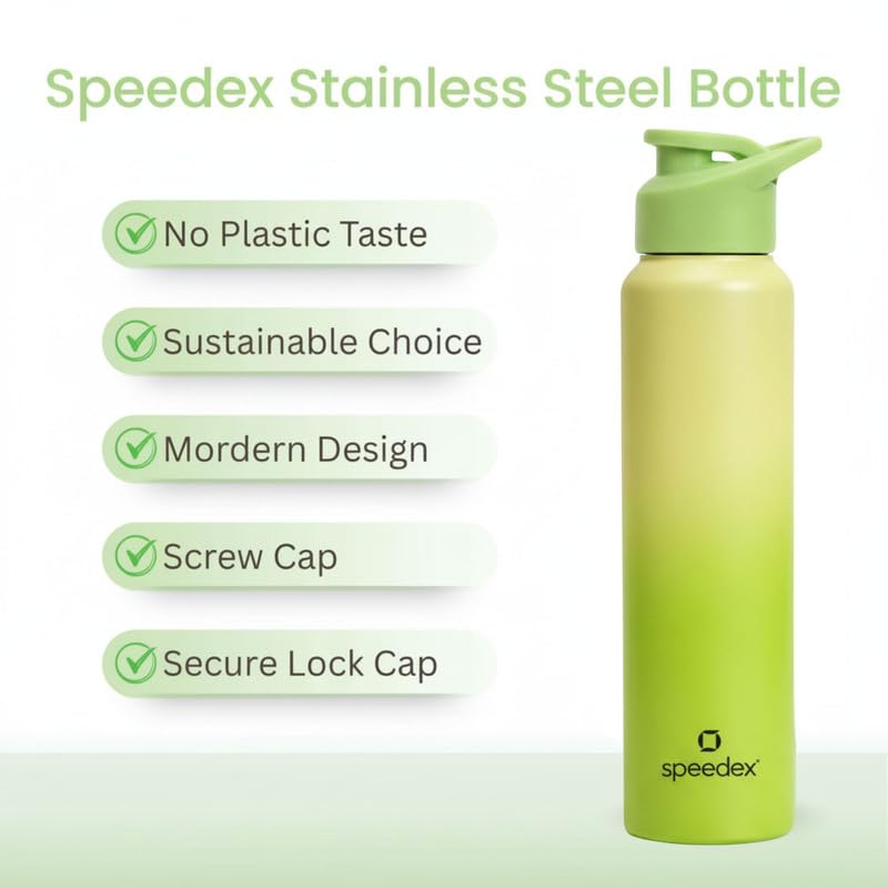 Image of Speedex Stainless Steel Water Bottle 1 Ltr, Leak Proof Sipper Cap, BIS Approved 1000 ml Metal Bottle For Daily, Office, School, Gym, Travel Use for Men, Women, Kids, Adults, Lime Green, Set of 3