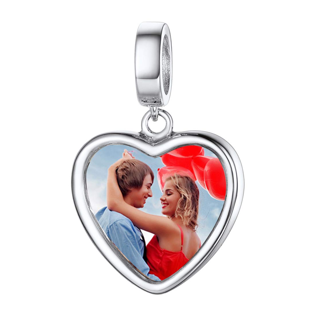 Custom4U Charme Coeur Personnalisable Charm Argent avec Photo Gravé Breloque pour Bracelet Bijoux Cadeau Personnalisé Maman Fille
