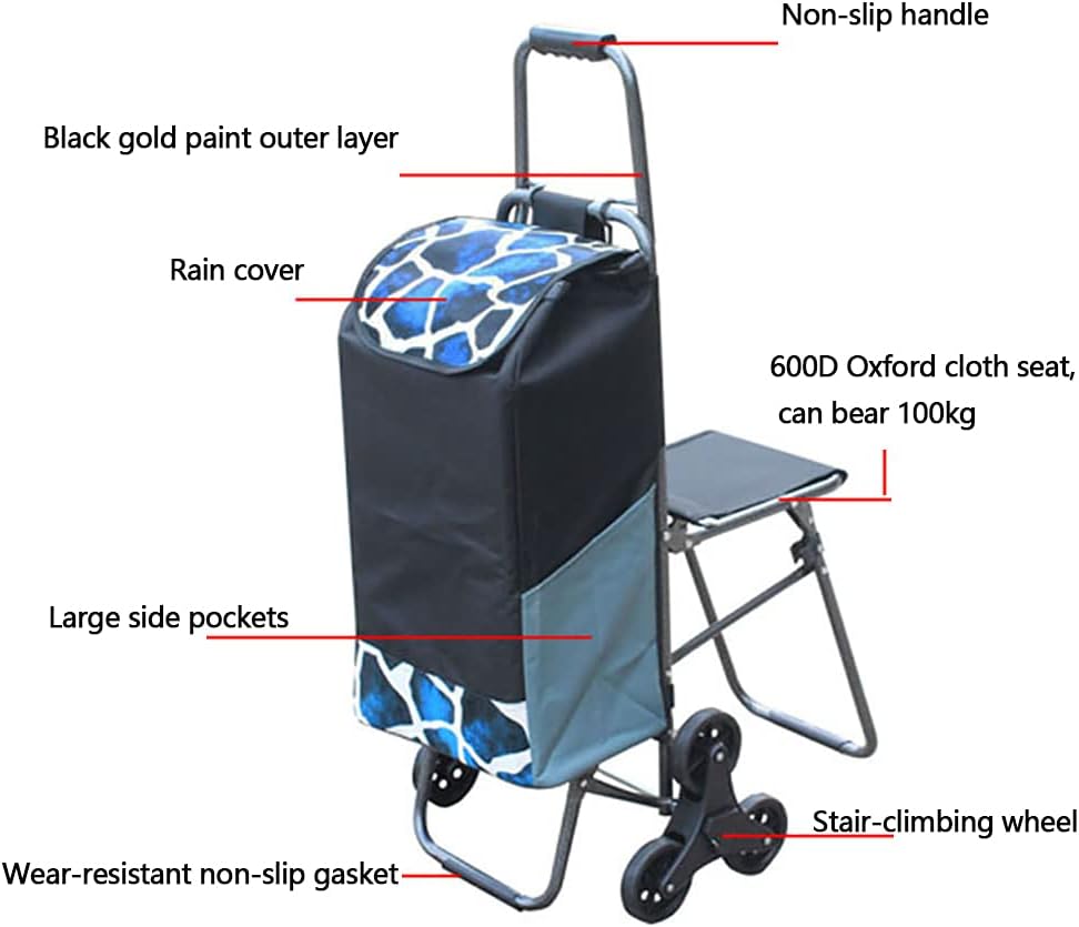 Heavy Duty Foldable Shopping Cart Bag with 6 Wheels 100kg Capaci 33L nizer Removable Seat and Stair Climbing Wheels Ideal for Market Food Market and nics（Red）