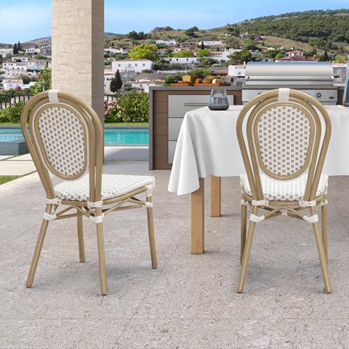 Image of PURPLE LEAF Patio Dining Chair Set of 2 Outdoor French Aluminium Frame in Bamboo Finish with White & Gray Woven Rattan for Indoor Kitchen Deck Bistros Cafe Restaurant