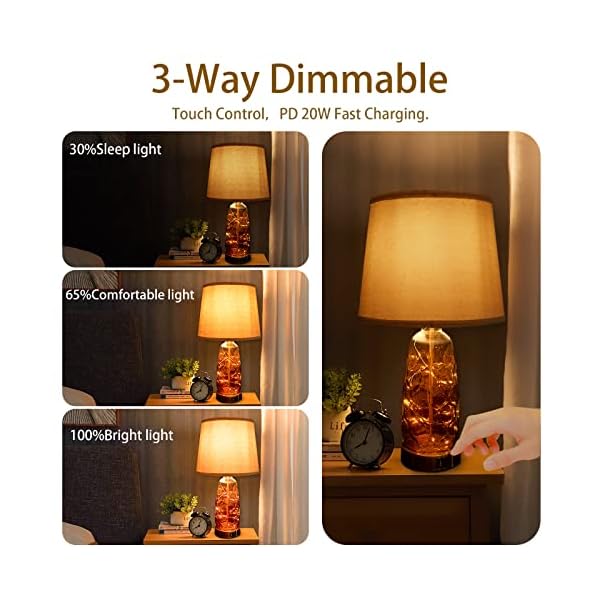 Bedside Lamps Set of 2 for Bedroom - Nightstand Lamps with 20W QC3.0 USB Charging Ports - Table Lamp with 3-Way Dimmable Touch Control for Living Room, Modern Glass and Fairy Lights - Image 5