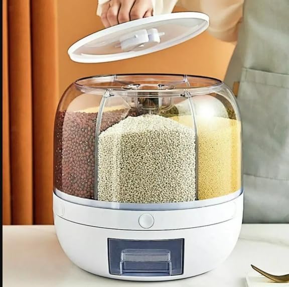 Modern 6-Grid Rotating Dry Food Dispenser, White, 24 * 27 * 27cm, 10kg Food Storage Container