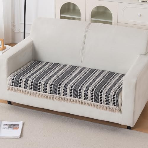 Image of HOKIPO 'Artisan Boho Series' Sofa Cover Mat with Tassel for 2 Seater Sofa | 450 GSM Thick Cotton Acrylic Jacquard Fabric, Charcoal Black (IN-902-A3*S)