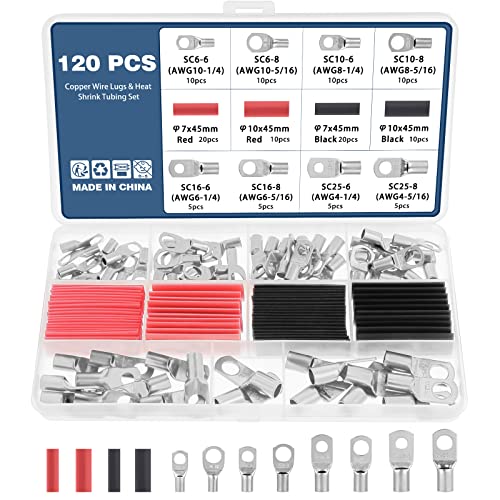 Knpwer 120 Pcs Cosses Électrique Trou Boulon en Cuivre,Cosses de câble Bornes à Sertir à Anneau Tubulaire, Cosses de Câble à Anneau,avec 60 Pcs GainesThermorétractables Noir,Rouge Cover