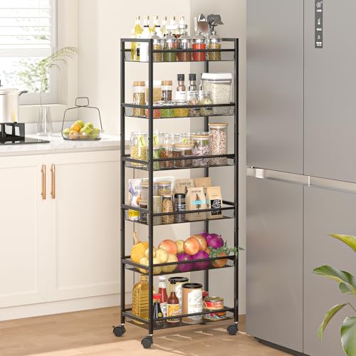 6 Tier Slim Rolling Storage Cart, Narrow Mobile Shelving Unit Organizer Utility Cart with Wheels, Metal Wire Storage Rack with Baskets for Kitchen, Bathroom, Laundry & Living Room, 10in(W) Black