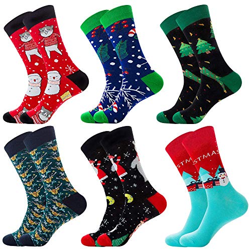 Unisex Christmas Socks Printed Fun Colorful Holiday Design Winter Warm Crew Socks (Christmas Socks 6 Pairs)