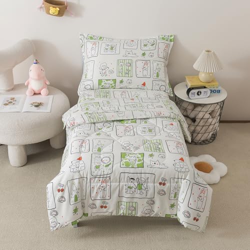 Image of Caressma Twin Size Comforter Set 5 Pieces Bed-in-a-Bag,Soft Comforter Print Green Animals & Trees.Includes Comforter,Fitted Sheet,Flat Sheet,Pillow Case & Pillow Shame for Baby and Kids