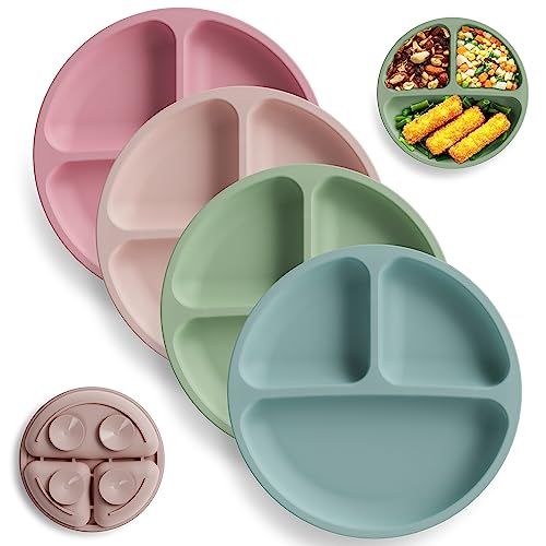 Image of ME.FAN Suction Plates [4 Pack] Toddler Plates for Babies & Toddlers, Food Grade Silicone Baby Plates with Divided Design, Stay Put with 4 Suction Cups for Self Feeding