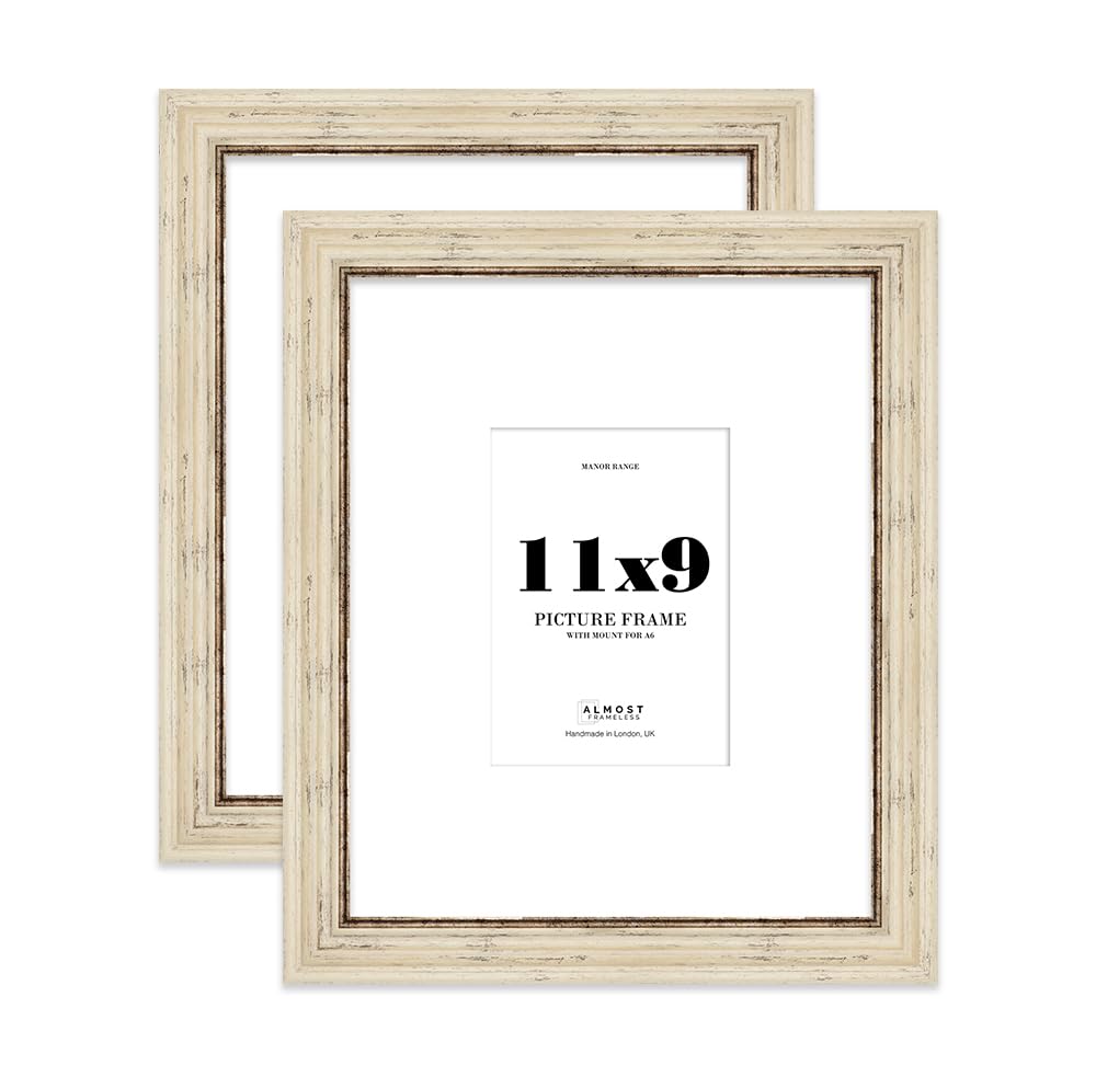 11x9" Distressed Cream Picture Frame - 11x9" Frame with A6" Mount for 11x9"/A6" Pictures Classic Style Room Decor, 2 Pack