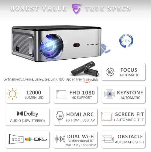 Image of EGate O9 Pro-Zen, Dual OS - Android+FTS (Certified Netflix, Prime, Hotstar & More), Full HD 1080 Projector, 12000 Lumens, 4K Support | 2GB-16GB | ARC HDMI | Dolby | Fully Automatic (EO9025,Black)